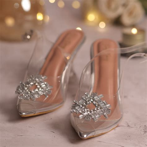 Rhinestone Diamond Broach Heels - Silver