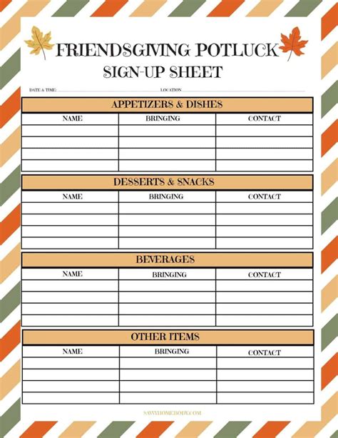 Free Printable Thanksgiving Potluck Sign Up Sheets