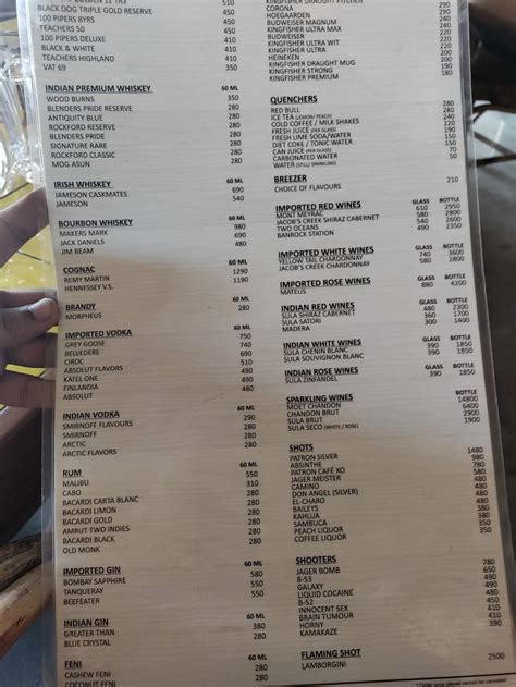 Menu at St. Anthony's, Calangute