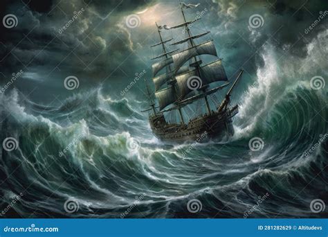 Stormy Seascape With A Pirate Ship Battling The Raging Waves Stock ...
