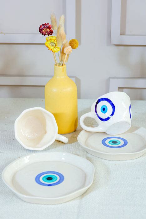 Beautiful Ceramic Evil Eye Cup & Saucer Set | White Serveware For ...
