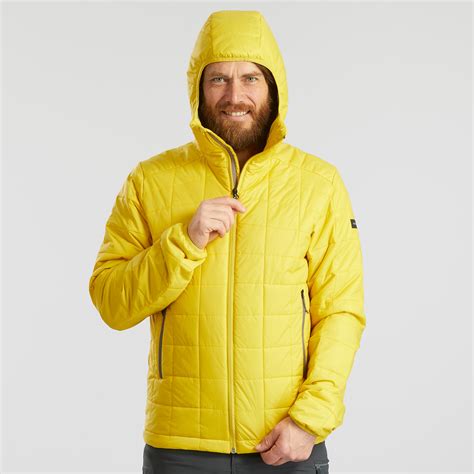 Men's hooded mountain trekking padded jacket TREK 100 - Yellow