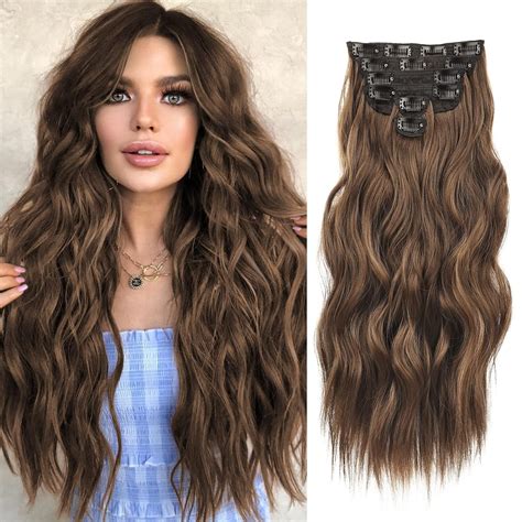 Clip in Hair Extensions for Women 20 Inch Long Wavy Curly Chestnut ...
