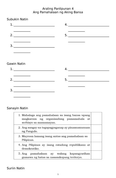 Answer Sheet Quarter 3 WEEK 1 - Araling Panlipunan 4 Ang Pamahalaan ng Aking Bansa Subukin Natin ...