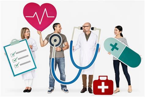 Happy people holding health care icons | Premium Photo