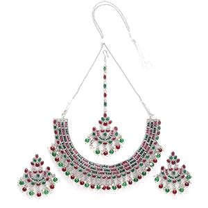 Buy KENNICE Antique Oxidised Silver-Plated Red Green American Diamod ...