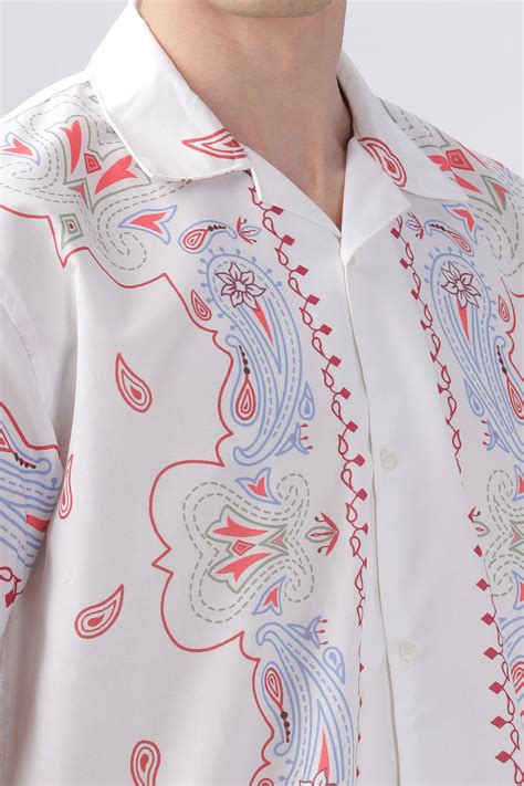 Men's white paisley border printed camp collar shirt for men printed ...