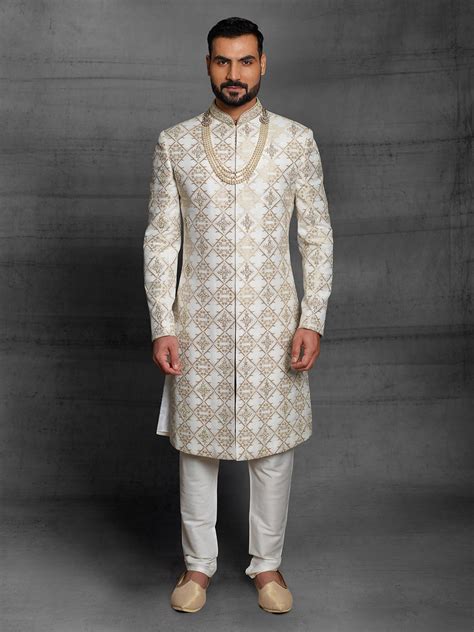 Buy White and Gold Statement Sherwani For Men Online | Suvidha Fashion