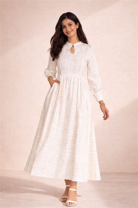 Ornate Oasis Off White Printed Checkered Dress – Saaki