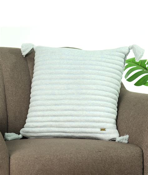 Bar Blue Milange Cotton Knitted Quilted Cushion with Tassels 18 X 18 I ...