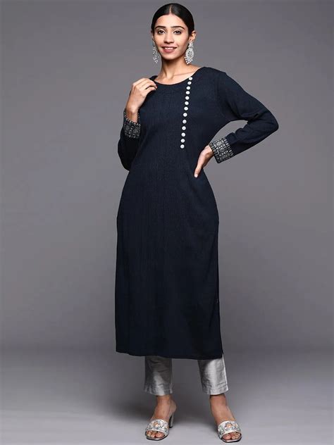 Buy Navy Blue Solid Wool Straight Kurta Online at Rs.1119 | Libas