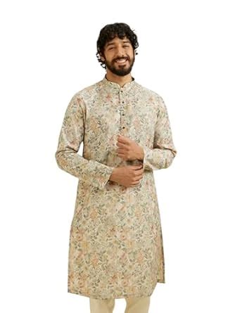 Buy Manyavar Men's Cotton Blend Floral Print Kurta (Beige,M) at Amazon.in