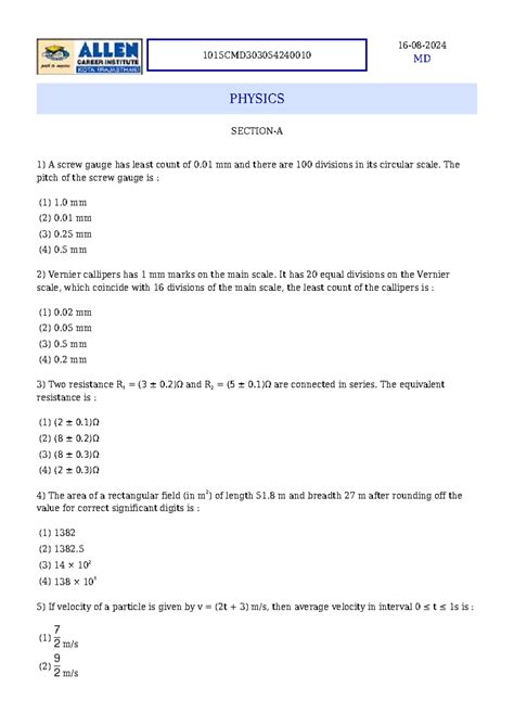 Solution-4 - Neet - 1015CMD 16-08- MD PHYSICS SECTION-A A screw gauge ...