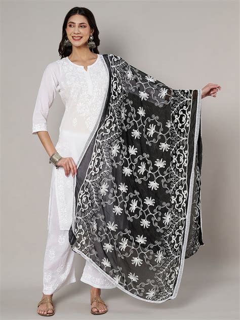 Black Karachi Chiffon Dupatta with Elegant Thread Embroidery (Size: 2 ...