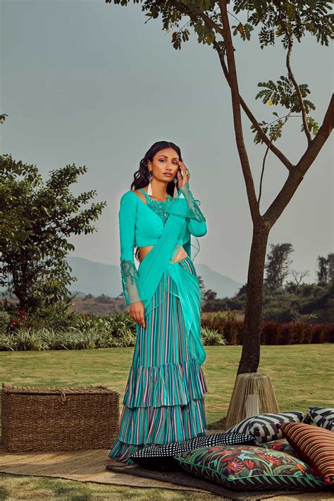 Sorbet Mint Green Top With Pre-Draped Saree – Babita M