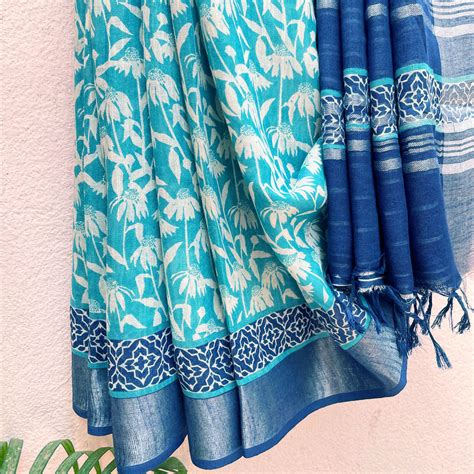 Organic Linen Printed Saree Online I Bluebird I Aqua Blue – The Thread ...