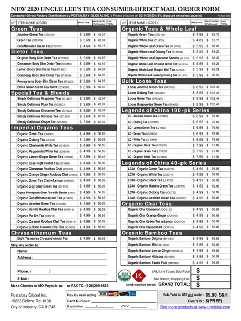 Fillable Online NEW 2020 UNCLE LEE'S TEA CONSUMER-DIRECT MAIL ORDER ...