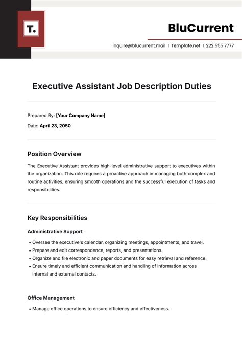 Free Executive Assistant Job Description Duties Template to Edit Online