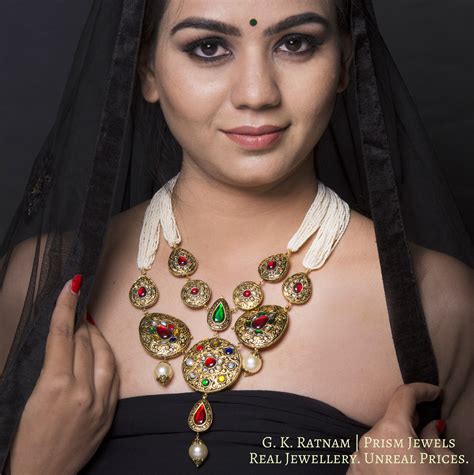 23k Gold and Diamond Polki hybrid Antique Navratna Necklace with tiny ...