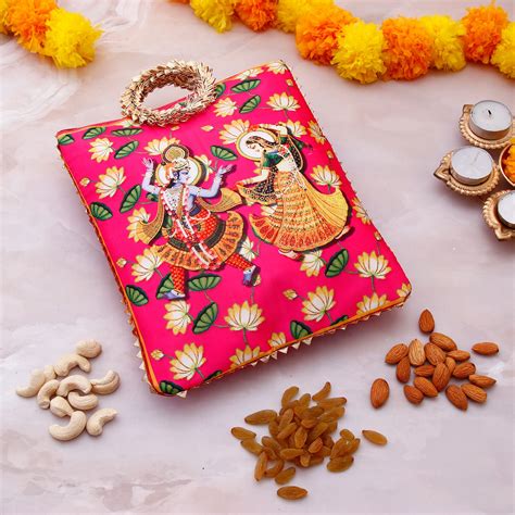 Shree Lakshmi Narayan Ethnic Handcrafted Zip Up Fabric Bag With Dry Fruits