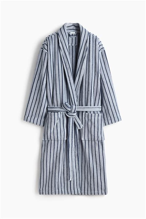 Cotton terry dressing gown - Light blue/Striped - Ladies | H&M IN