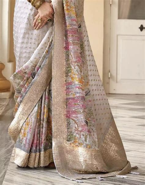 Light Grey Soft Georgette Floral Party Wear Saree – South India ...