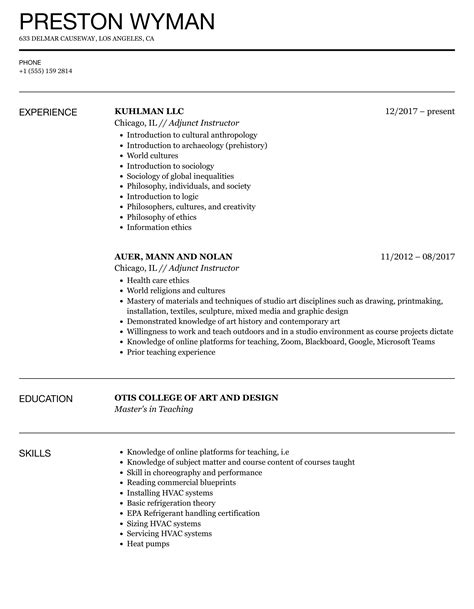 Adjunct Instructor Resume Samples | Velvet Jobs