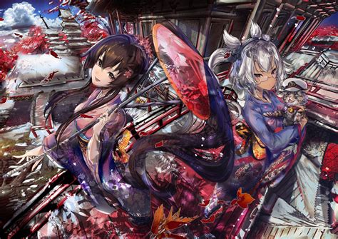 Japanese umbrella, Musashi KanColle, anime girls, anthropomorphism, cat ...