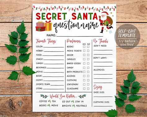Printable Secret Santa Wish Lists