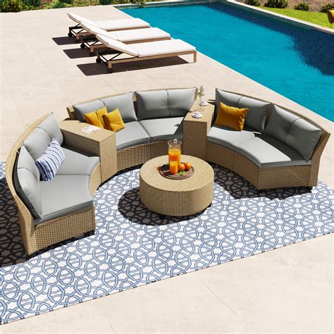 6-Person Half-Round Rattan Outdoor Sectional Sofa with Cushions and Ta ...