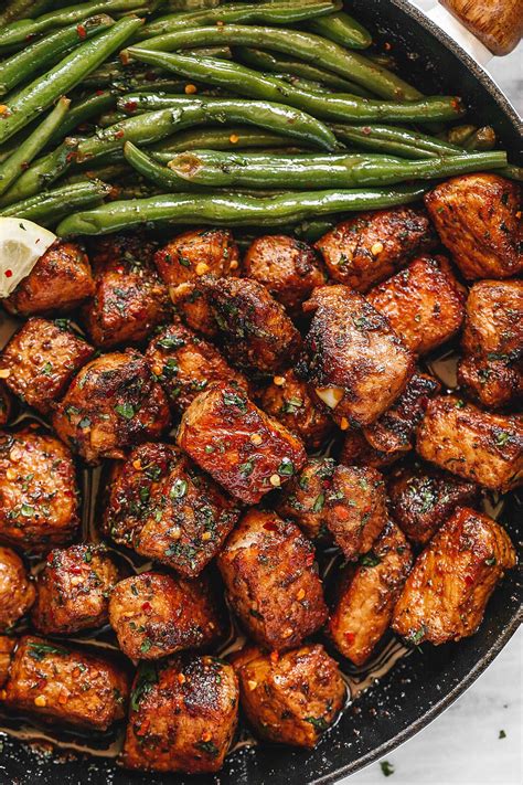 Garlic Butter Pork Bites Recipe with Lemon Green Beans – Pork Cubes ...