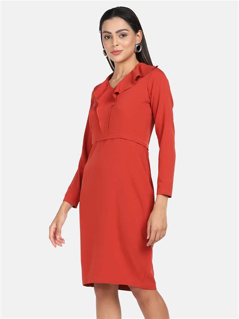 Crepe Stretch Ruffle Dress - Orange