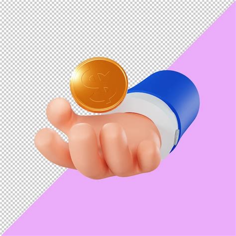 Cartoon hand holding a coin, 3d render. 3d businessman's hand holding a ...