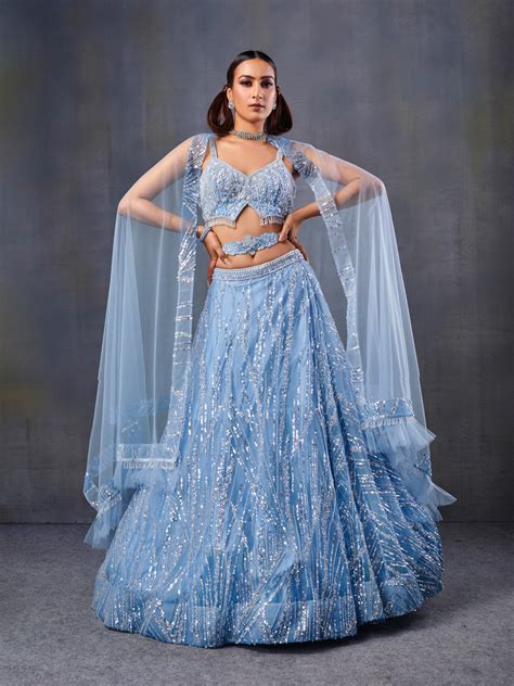 Sky Blue Sequined Net Lehenga – Tirumala Designers