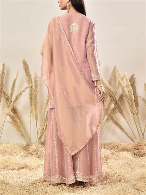 Buy Pink Embroidered Shimmer Tissue Kurta and Palazzo set Online ...