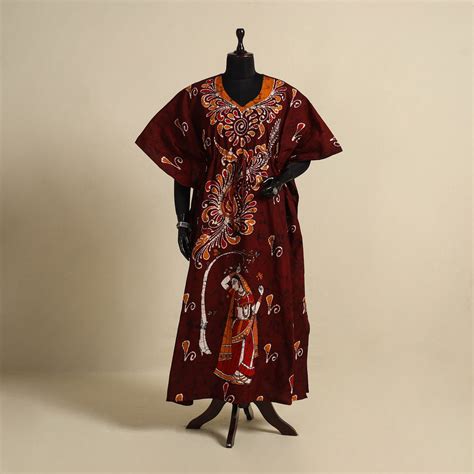 Maroon Cotton Hand Batik Print Kaftan with Tie-Up Waist (Long)