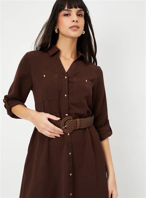 Buy Women Solid Shirt Midi Dress with Belt Online at just Rs. 1599.0 ...