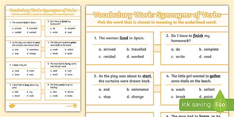 Synonyms of Verbs Vocabulary Worksheet