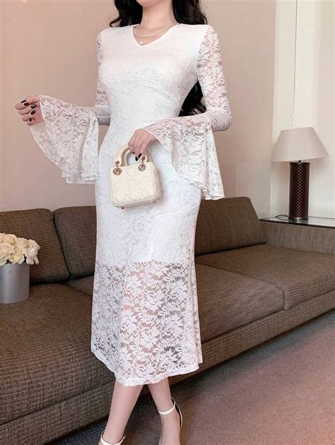DAZY V-Neck Lace Flare Sleeve Midi Dress For Women Prom Dress Elegant ...