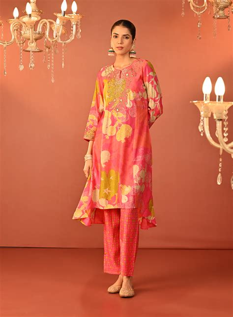Tarana Fuchsia Pink Printed Chanderi Kurta Set for Women – Lakshita