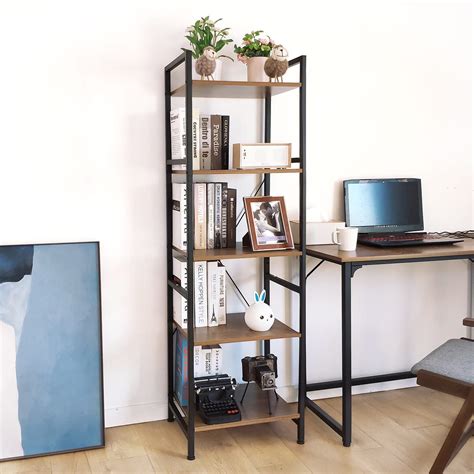 Ogcau Bookshelf 5 Tier Ladder Shelf Folding Bookcase Industrial Rustic ...