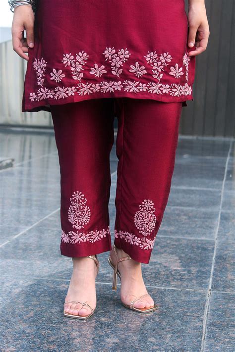 Wine Chikankari Kurta Set with Baby Pink Chikankari Embroidery – Notch ...