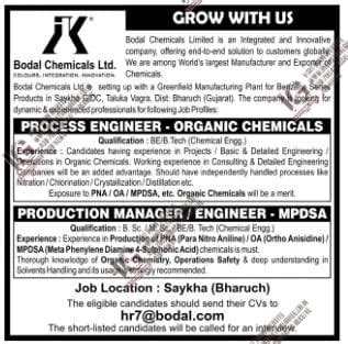Bodal Chemical Bharuch jobs for Production Process Engineer apply now