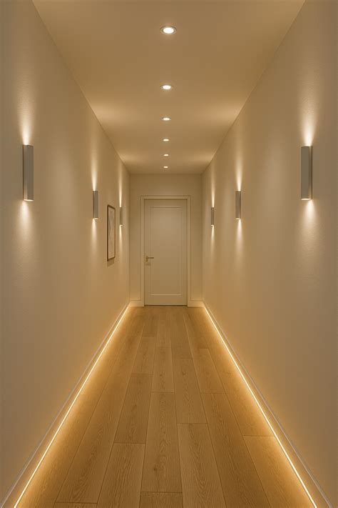 Minimalist Hallway Lighting with LED Floor Trim and Wall Sconces | Home ...