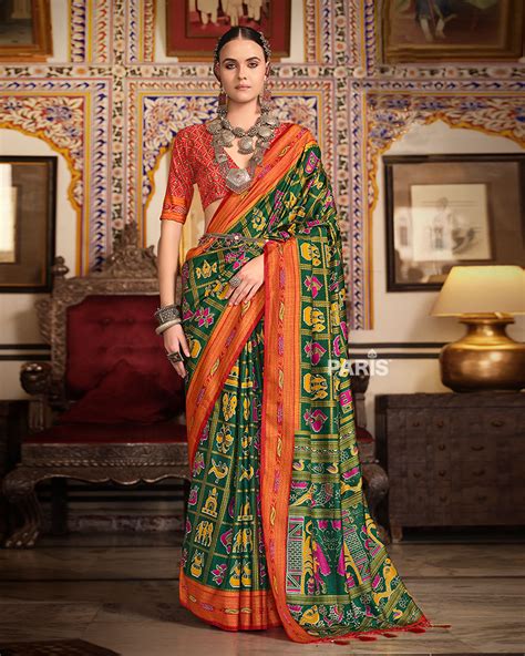 Dark Green Patola Silk Saree with Red Border