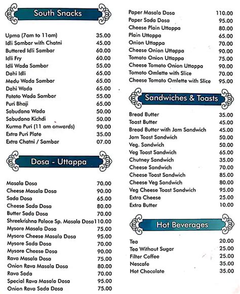 Menu at Shree Krishna Palace, Pune, GVGF+W79