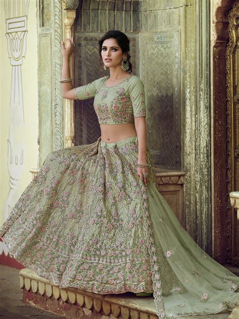 Green Net Semi Stitched Lehenga With Unstitched Blouse