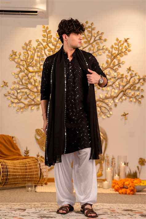 Jet Black Chikankari Mirror Work Cotton Kurta for Men | Firangi Yarn