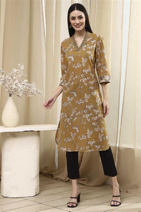 Buy Mustard Yellow Cotton Printed Straight Kurta Online at Biba India