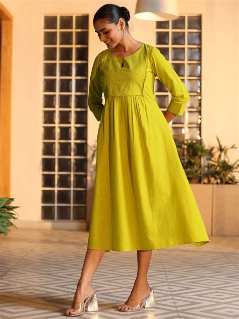 Buy Mustard Embellished Cotton A-Line Dress Online at Rs.749 | Libas